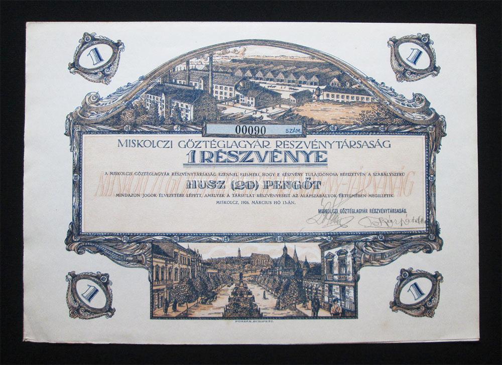 Miskolczi Gőztéglagyár részvény 20 pengő 1926 Miskolc